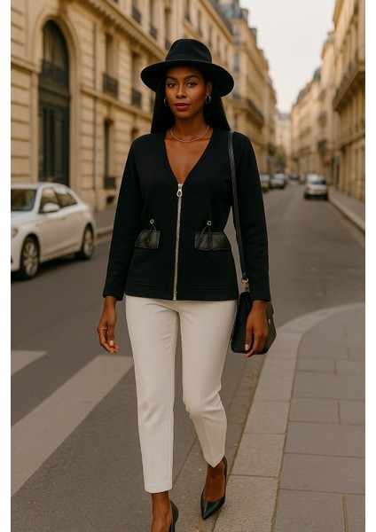 Tanya Deri Cep Detaylı Örme Ceket modelleri