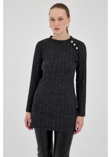 Siyah Düğme Detaylı Çizgili Triko Tunik 8132A
