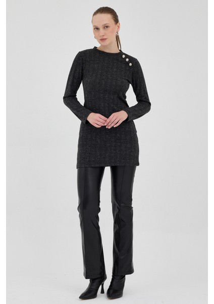 Siyah Düğme Detaylı Çizgili Triko Tunik 8132A modelleri