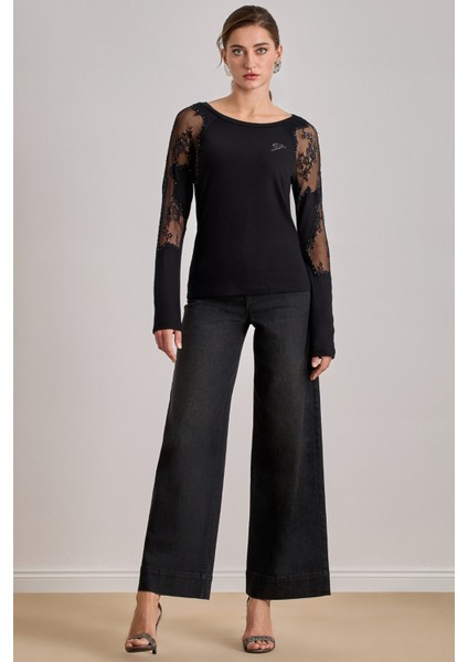 Yandan Cepli Siyah Jean Pantolon