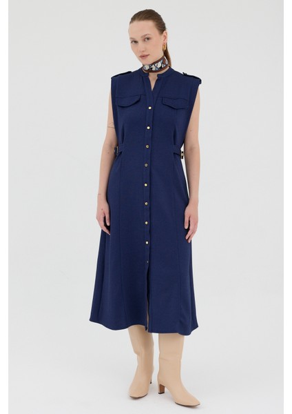 Laci Gold Düğme Detaylı Midi Elbise 8125A