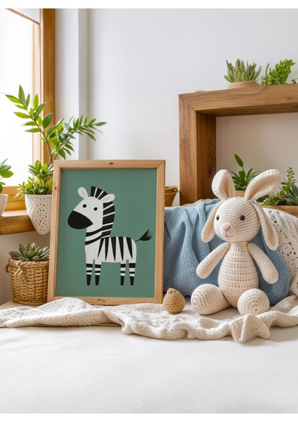 Playful Zebra - Doğal Ahşap Çerçeveli Tablo - Eğlenceli Çocuk Posteri fiyatları