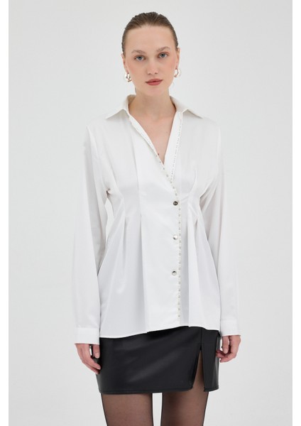 Beyaz Kruvaze Kesim Taş İşlemeli Kadın Saten Gömlek 8149A fiyatları