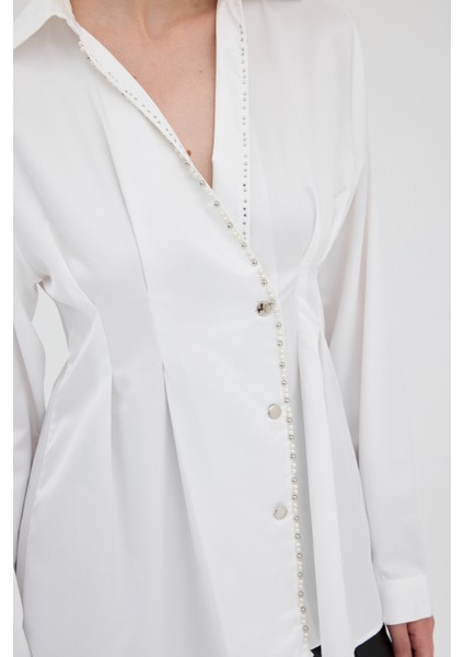 Beyaz Kruvaze Kesim Taş İşlemeli Kadın Saten Gömlek 8149A fırsatları
