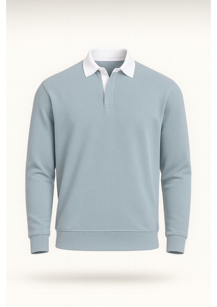 Luis Polo Yaka Selanik Örme Kumaş Erkek Sweatshirt - Soğuk Mavi