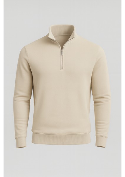 Lars Selanik Örme Kumaş Yarım Fermuar Erkek Sweatshirt - Taş