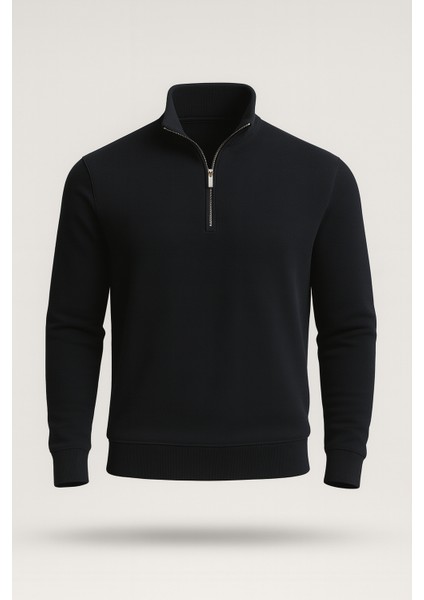 Selanik Örme Kumaş Yarım Fermuar Erkek Sweatshirt - Siyah