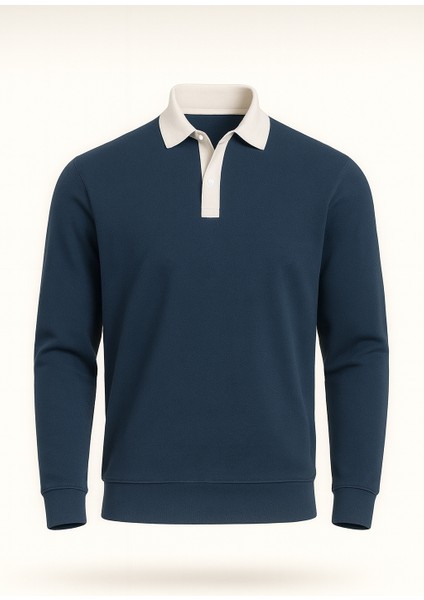 Polo Yaka Selanik Örme Kumaş Erkek Sweatshirt - Indigo