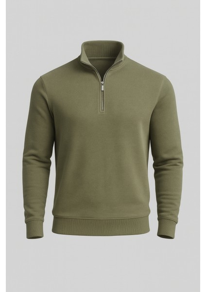 Selanik Örme Kumaş Yarım Fermuar Erkek Sweatshirt - Haki