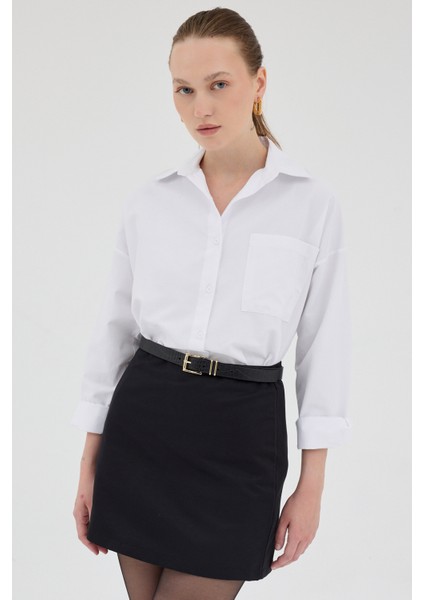 Beyaz Tek Cepli Oversize Gömlek 8158A