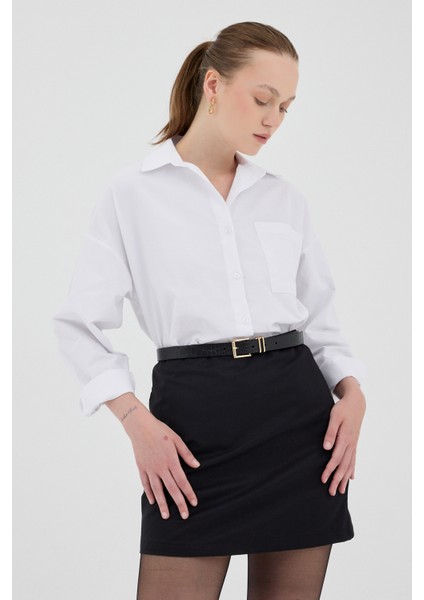 Beyaz Tek Cepli Oversize Gömlek 8158A