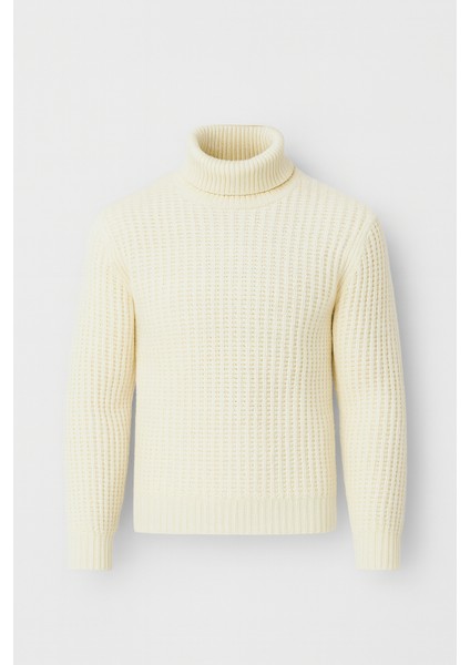 Nopenli Fitil Örgü Balıkçı Kazak -Beyaz