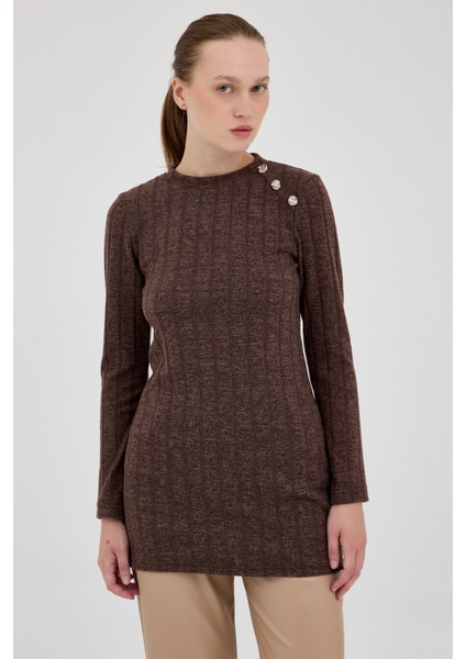 Kahve Düğme Detaylı Çizgili Triko Tunik 8132A