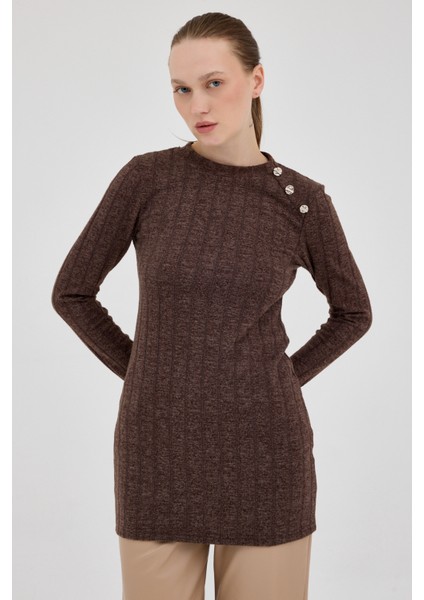 Kahve Düğme Detaylı Çizgili Triko Tunik 8132A fiyatları