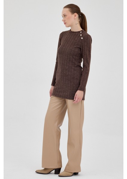 Kahve Düğme Detaylı Çizgili Triko Tunik 8132A modelleri
