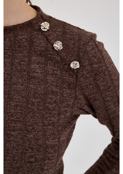 Kahve Düğme Detaylı Çizgili Triko Tunik 8132A fırsatları