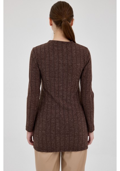 Kahve Düğme Detaylı Çizgili Triko Tunik 8132A indirimleri