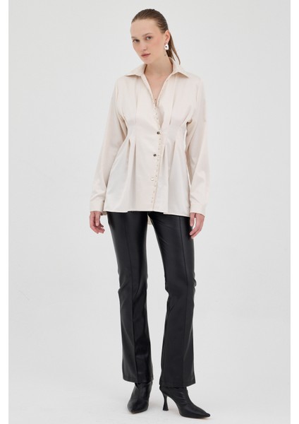 Bej Kruvaze Kesim Taş İşlemeli Kadın Saten Gömlek 8149A modelleri