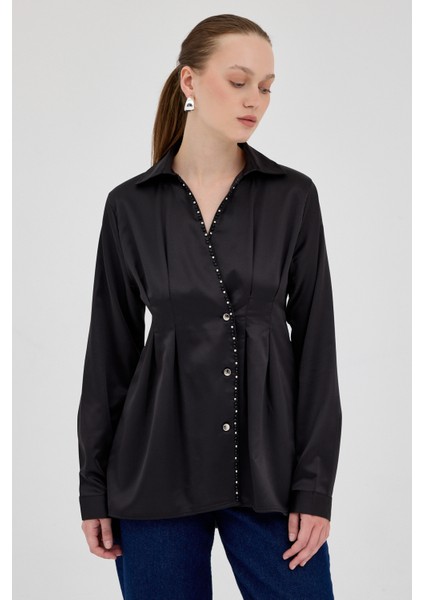 Siyah Kruvaze Kesim Taş İşlemeli Kadın Saten Gömlek 8149A fiyatları