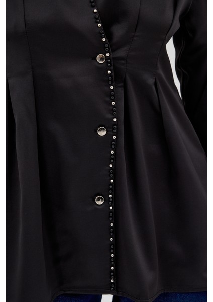 Siyah Kruvaze Kesim Taş İşlemeli Kadın Saten Gömlek 8149A fırsatları