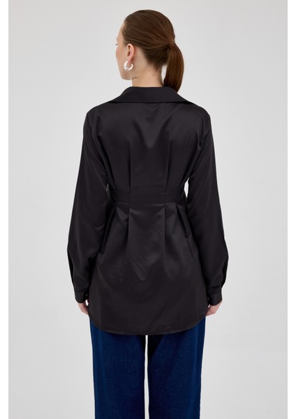 Siyah Kruvaze Kesim Taş İşlemeli Kadın Saten Gömlek 8149A indirimleri