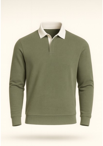 Luis Polo Yaka Selanik Örme Kumaş Erkek Sweatshirt - Açık Haki