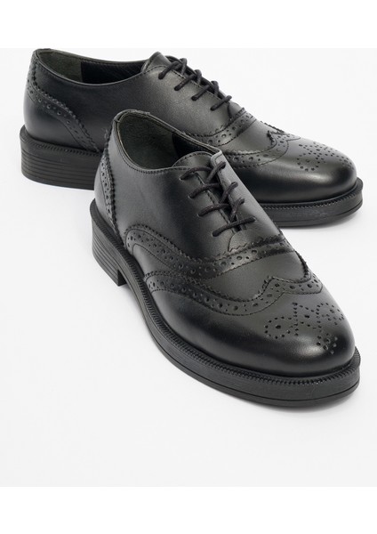Avra Siyah Cilt Deri Kadın Oxford Ayakkabı