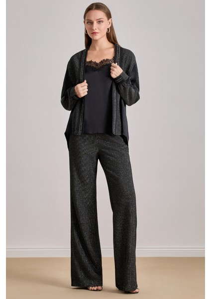 Dökümlü Siyah Saten Hırka