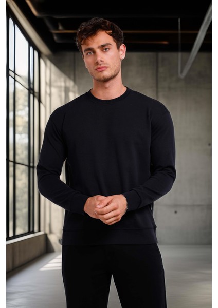 Wenders Relax Fit Basic Fırçalı Interlok Bisiklet Yaka Erkek Sweatshirt - Siyah