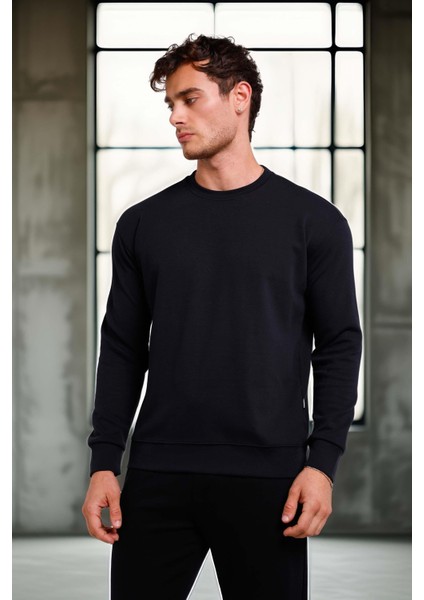 Wenders Relax Fit Basic Fırçalı Interlok Bisiklet Yaka Erkek Sweatshirt - Siyah modelleri