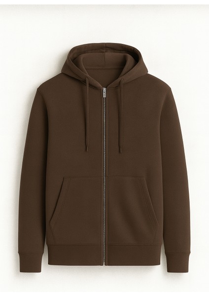 Haneke Regular Kalıp Diagonal 3 Iplik Fermuarlı Kapüşonlu Erkek Sweatshirt - Kahve