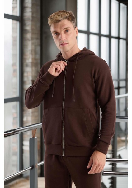 Haneke Regular Kalıp Diagonal 3 Iplik Fermuarlı Kapüşonlu Erkek Sweatshirt - Kahve fiyatları