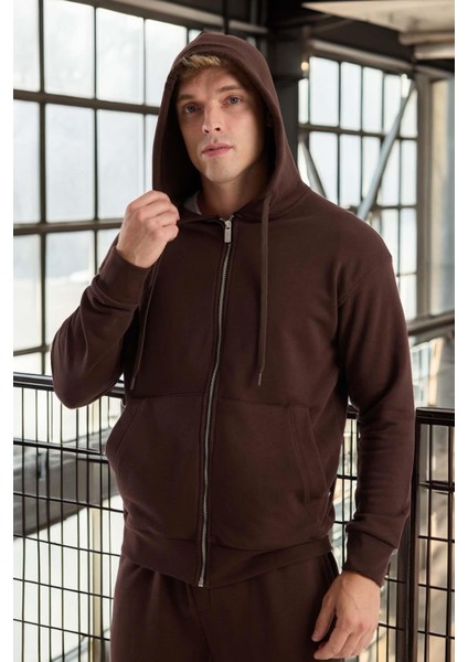 Haneke Regular Kalıp Diagonal 3 Iplik Fermuarlı Kapüşonlu Erkek Sweatshirt - Kahve modelleri