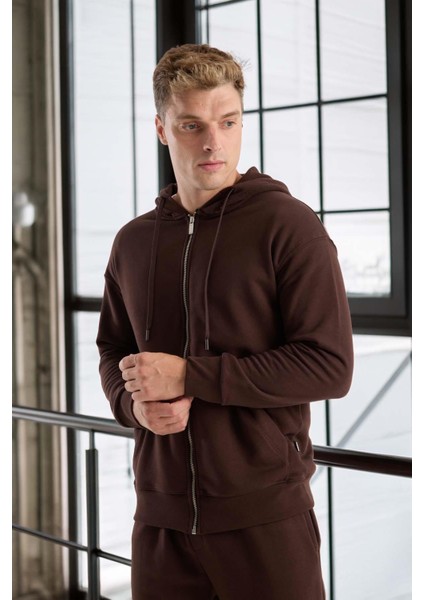 Haneke Regular Kalıp Diagonal 3 Iplik Fermuarlı Kapüşonlu Erkek Sweatshirt - Kahve fırsatları