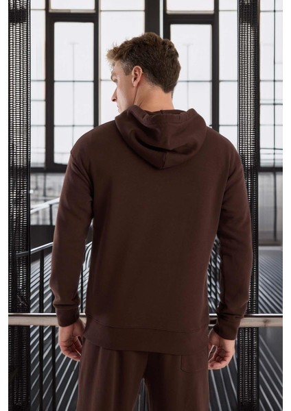 Haneke Regular Kalıp Diagonal 3 Iplik Fermuarlı Kapüşonlu Erkek Sweatshirt - Kahve indirimleri