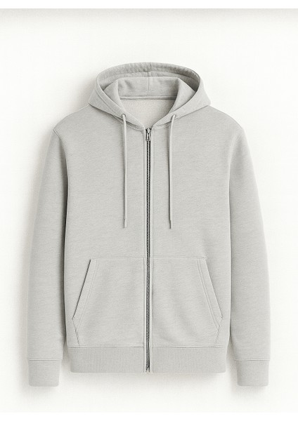 Haneke Regular Kalıp Diagonal 3 Iplik Fermuarlı Kapüşonlu Erkek Sweatshirt - Mineral Gri