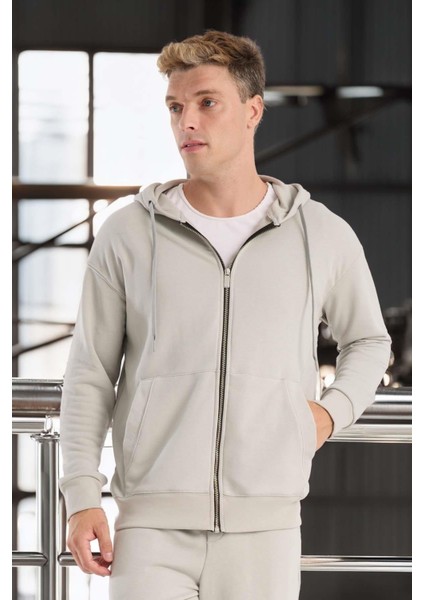 Haneke Regular Kalıp Diagonal 3 Iplik Fermuarlı Kapüşonlu Erkek Sweatshirt - Mineral Gri modelleri