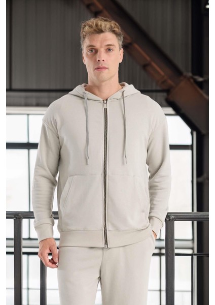 Haneke Regular Kalıp Diagonal 3 Iplik Fermuarlı Kapüşonlu Erkek Sweatshirt - Mineral Gri fırsatları