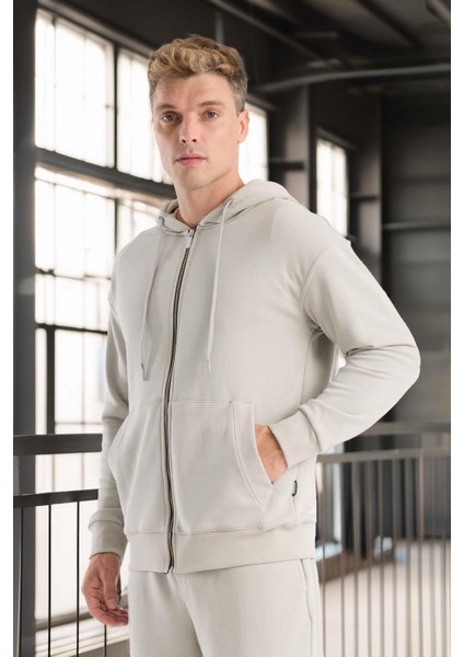 Haneke Regular Kalıp Diagonal 3 Iplik Fermuarlı Kapüşonlu Erkek Sweatshirt - Mineral Gri indirimleri