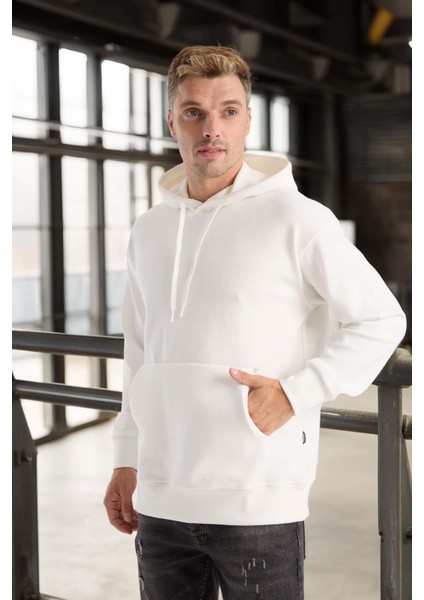 Luc Oversize Basic Dalgıç Kumaş Viskon Kapüşonlu Cepli Sweatshirt Hoodie - Ekru fiyatları