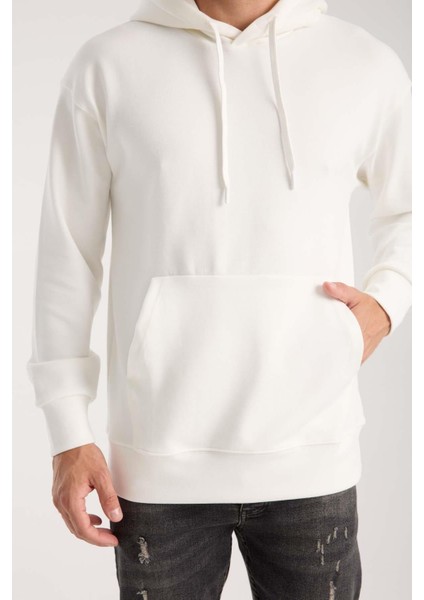 Luc Oversize Basic Dalgıç Kumaş Viskon Kapüşonlu Cepli Sweatshirt Hoodie - Ekru modelleri