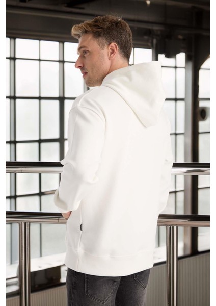Luc Oversize Basic Dalgıç Kumaş Viskon Kapüşonlu Cepli Sweatshirt Hoodie - Ekru fırsatları