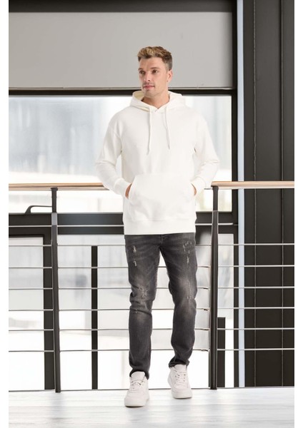 Luc Oversize Basic Dalgıç Kumaş Viskon Kapüşonlu Cepli Sweatshirt Hoodie - Ekru indirimleri