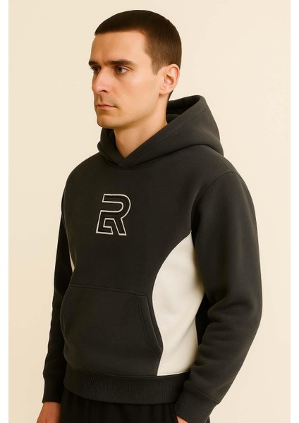 Frank Parçalı Kontrast Desenli Kapüşonlu Oversize Cepli Polar Erkek Sweatshirt - Füme fiyatları