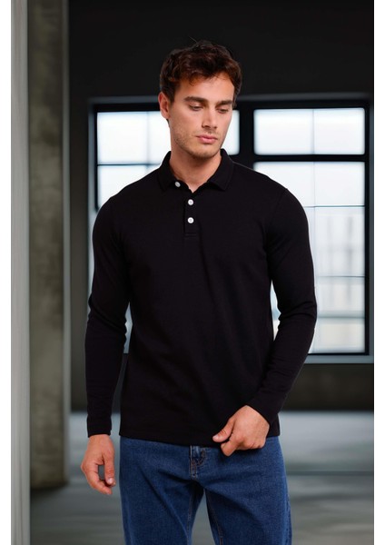 Ridley Regular Fit Doubleface Interlok Polo Yaka Erkek Sweatshirt - Siyah