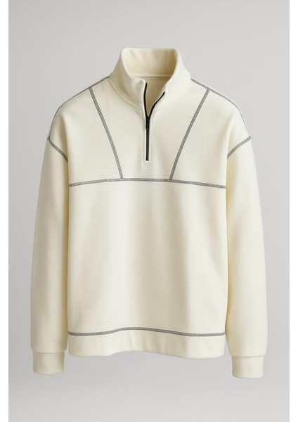 Crowe Çizgi Şeritli Oversize Yarım Fermuar Polar Erkek Sweatshirt - Ekru