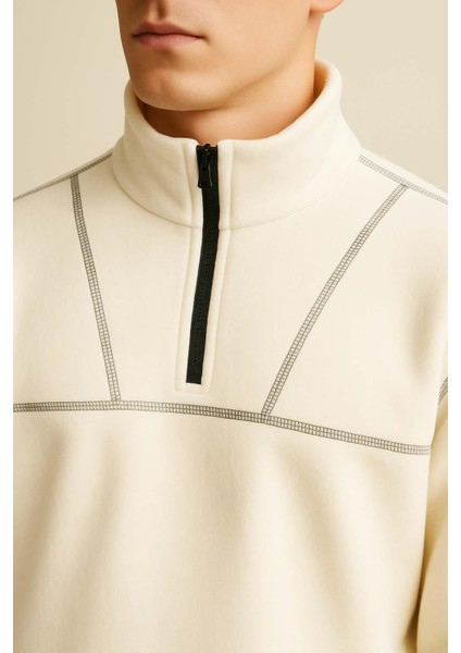 Crowe Çizgi Şeritli Oversize Yarım Fermuar Polar Erkek Sweatshirt - Ekru fiyatları
