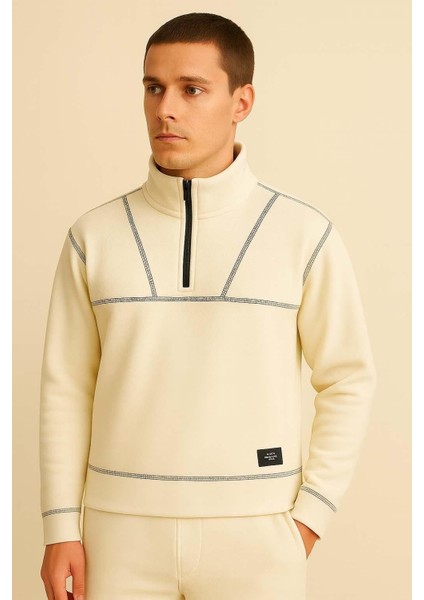 Crowe Çizgi Şeritli Oversize Yarım Fermuar Polar Erkek Sweatshirt - Ekru modelleri