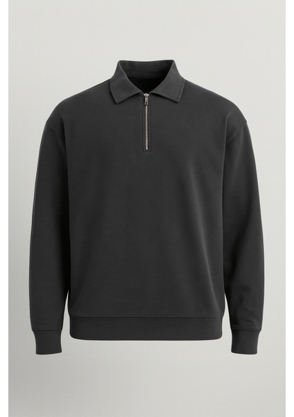 Scuba Modal Kumaş Relaxed Fit Yarım Fermuarlı Polo Yaka Erkek Sweatshirt - Siyah