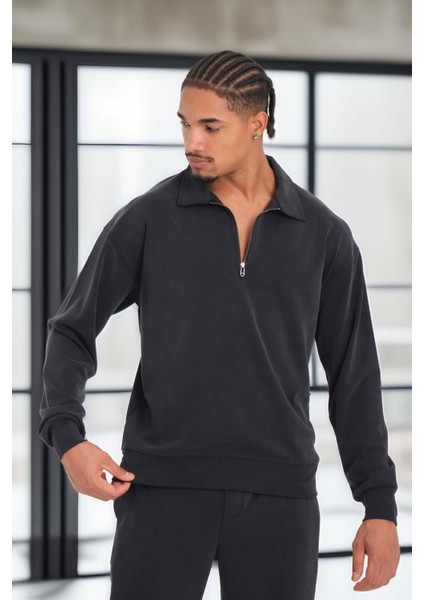 Scuba Modal Kumaş Relaxed Fit Yarım Fermuarlı Polo Yaka Erkek Sweatshirt - Siyah fiyatları